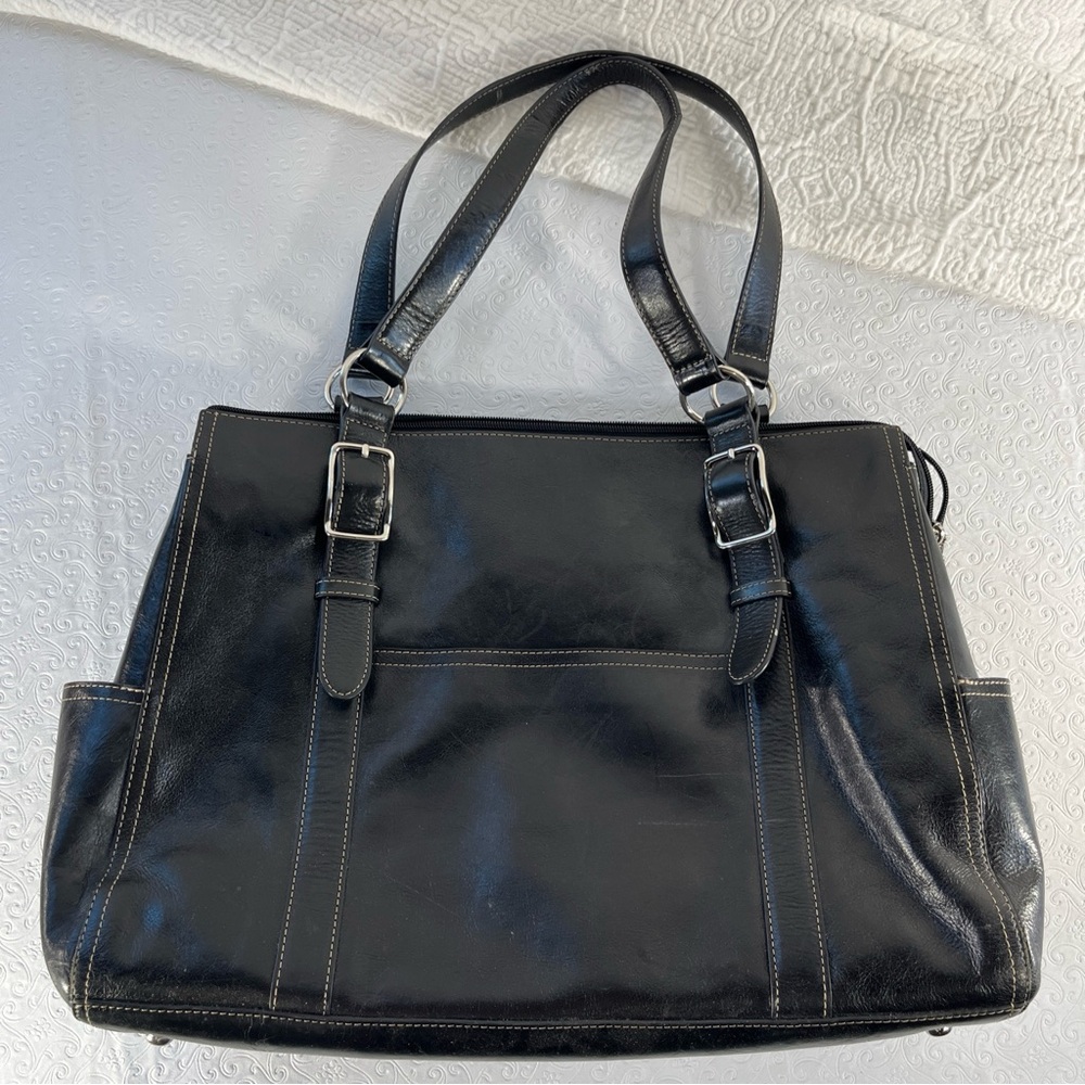 Fossil Genuine Leather Laptop Bag Black Zip Two Compartment Business Work Tote